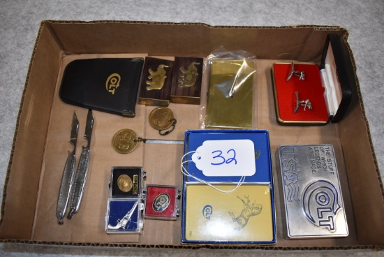 Lot of 14 Various Colt Collector Items – Including Knives, Pins, Paper Weights, Playing Cards & Key
