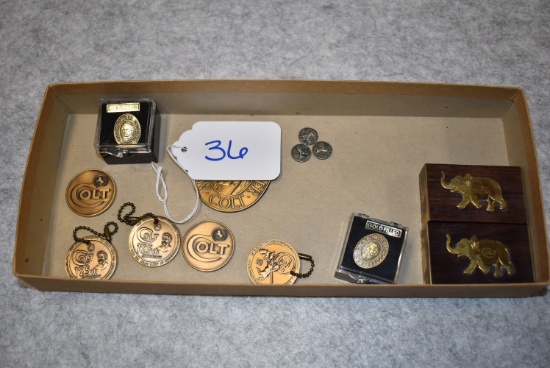 Lot of 13 Various Colt Collector Items – Including Key Chains, Pins, Grip Medallions & Small Wooden