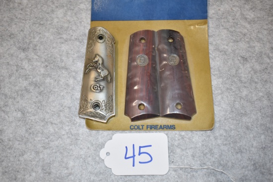 Lot of 2 Colt 1911 Grip Sets – 1st is Colt Custom Shop Wood Grips – 2nd is Colt Metal Grips