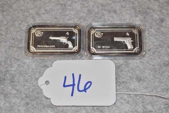 Lot of 2 Colt Medallions – 0.999 Pure Silver – 1st has Colt Model 1911 – 2nd has Colt Peace Maker