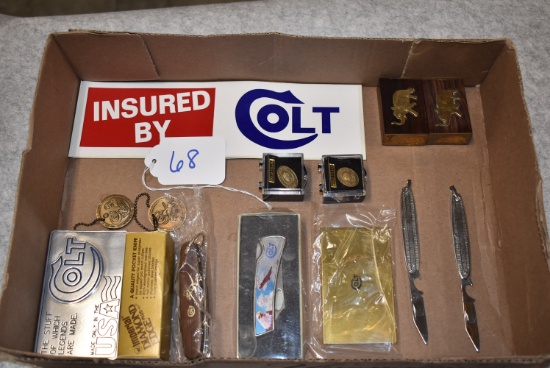 Lot of 13 Various Colt Collector Items – Incl. Knives, Keychains, Colt Wood Elephant Boxes, Decals,
