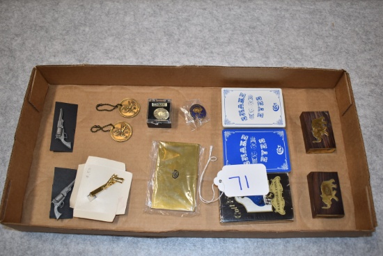 Lot of 13 Various Colt Collector Items – Incl. Colt Wood Elephant Boxes, Pins, Business Card Holder,