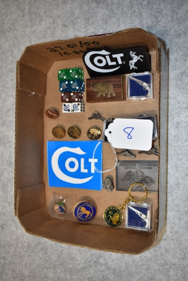 Lot of 23 Various Colt Coll sector Items – Including Pins, Dice, Colt Elephant Boxes & Decals