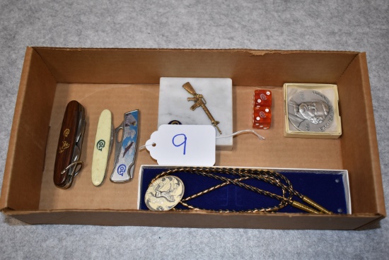 Lot of 7 Various Colt Collector Items – Including Knives, Colt AR-15 Paper Weight, Bolo Tie, Dice &
