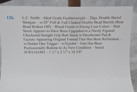 L.C. Smith – Ideal Grade Featherweight – 20ga. Double Barrel Shotgun