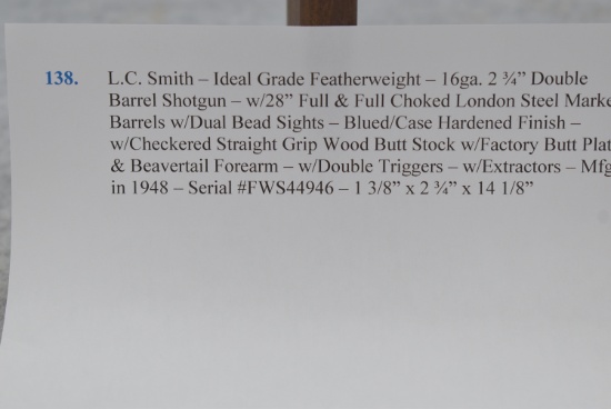 L.C. Smith – Ideal Grade Featherweight – 16ga. 2 ¾” Double Barrel Shotgun