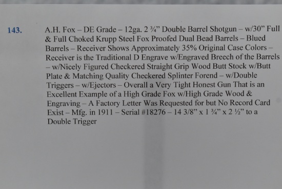 A.H. Fox – DE Grade – 12ga. 2 ¾” Double Barrel Shotgun