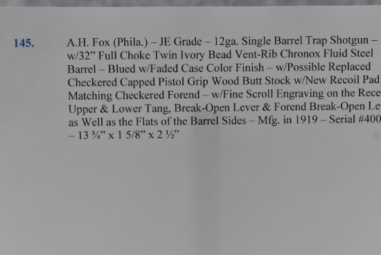 A.H. Fox (Phila.) – JE Grade – 12ga. Single Barrel Trap Shotgun