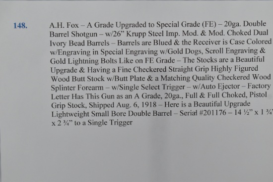 A.H. Fox – A Grade Upgraded to Special Grade (FE) – 20ga. Double Barrel Shotgun