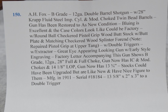A.H. Fox – B Grade – 12ga. Double Barrel Shotgun