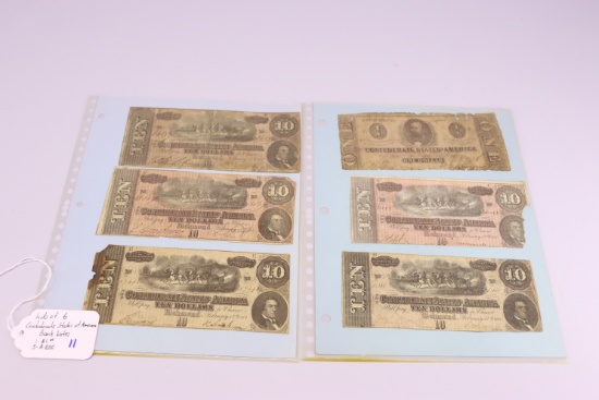 Lot of 6 Confederate States of American Bank Notes, 1- $1.00, 5- $10.00