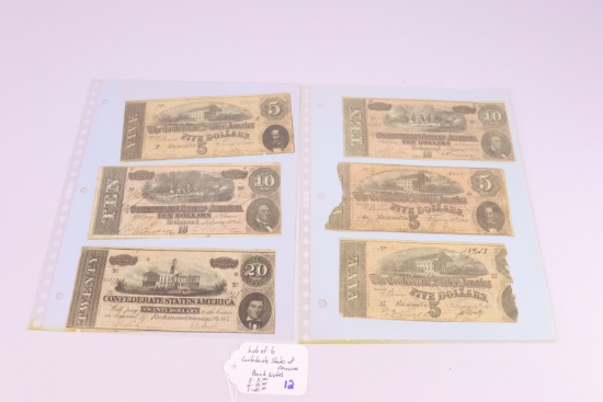Lot of 6 Confederate States of American Bank Notes, 3- $5.00, 2- $10.00, 1- $20.00