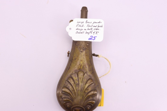 Large Brass Powder Flask – Shell Design on both sides, Overall Length is 8”