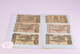 Lot of 6 Confederate States of American Bank Notes, 1- $1.00, 5- $10.00