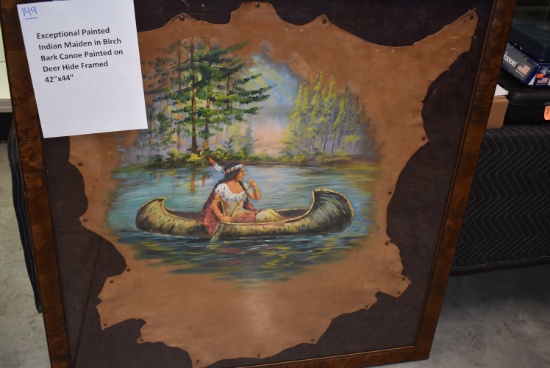 Large Exceptional Painted Indian Maiden in Birch Bark Canoe – Painted on Deer Hide – 42” High & 44”