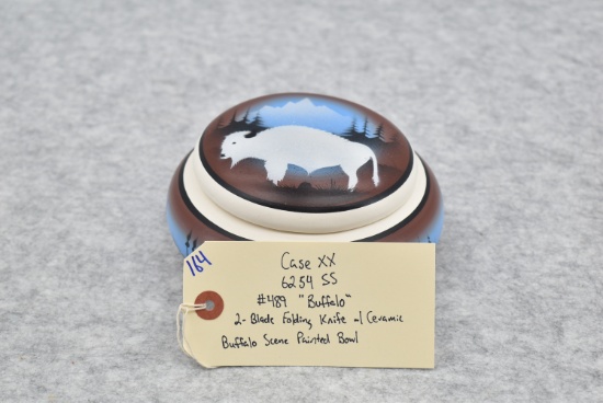 Case XX – 6354 SS – #489 “Buffalo” – 2-Blade Folding Knife – w/Ceramic Buffalo Scene Painted Indian