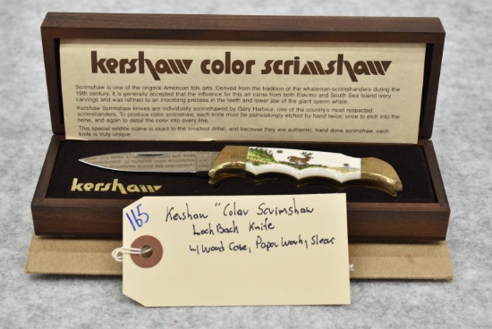 Kershaw – “Colar Scrimshaw” Lock Back Knife – w/Wood Case, Paperwork & Sleeve – w/G. Harbour Signed
