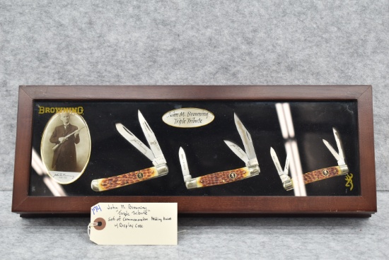 John M. Browning – “Triple Tribute” Set of Commemorative Folding Knives – w/Display Case