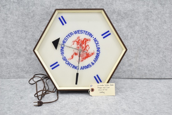 Winchester-Western Dealer Only Hexagon Shaped Wall Clock – 16” Wide x 14” Tall – Working