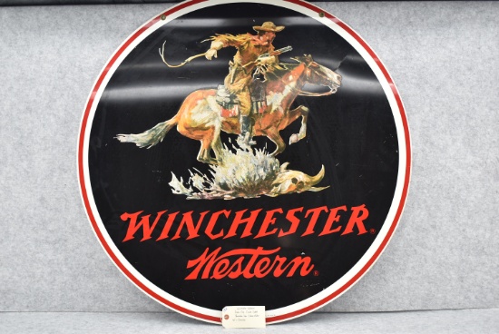 Winchester-Western – Dealer Only Double Sided Porcelain Sign w/Horse & Rider – 40” in Diameter – Ver