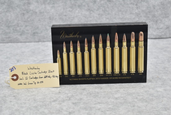 Weatherby – Black Lucite Cartridge Block – Includes 12 Cartridges Ranging From 224 Wby. – 460 Wby. –