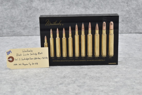 Weatherby – Black Lucite Cartridge Block – Includes 11 Cartridges Ranging From 224 Wby. – 460 Wby. –