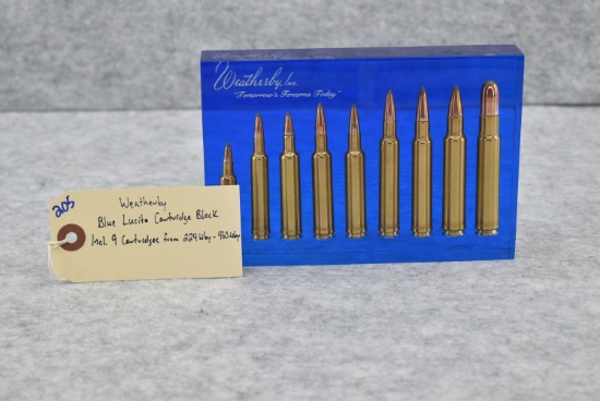 Weatherby – Blue Lucite Cartridge Block – Includes 9 Cartridges Ranging From 224 Wby. – 460 Wby.