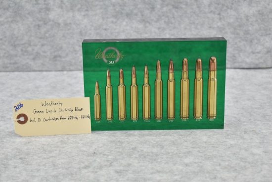 Weatherby – Green Lucite Cartridge Block – Includes 10 Cartridges Ranging From 224 Wby. – 460 Wby.