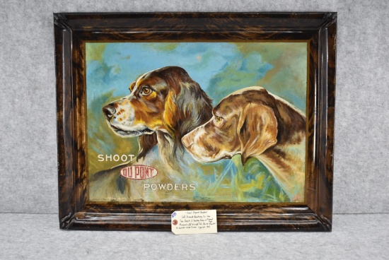 “Shoot DuPont Powder” – Self Framed Advertising Tin Sign – Sign Depicts 2 Hunting Dogs w/DuPont Logo