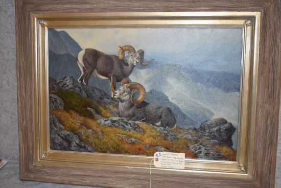 Hayden Lambson – Signed Original Framed Oil on Canvas of Two Stone Sheep on the Mountain Tops – 30”x