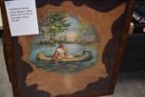 Large Exceptional Painted Indian Maiden in Birch Bark Canoe – Painted on Deer Hide – 42” High & 44”