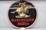 Winchester-Western – Dealer Only Double Sided Porcelain Sign w/Horse & Rider – 40” in Diameter – Ver
