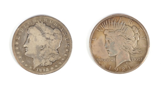 1921 Peace Dollar & 1892 CC Morgan Silver Dollar