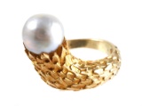 14K Gold Feather Offset Pearl Ring