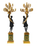 Pair Neoclassical Bronze Malachite Candelabra