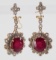 Pair 14K Gold Ruby Diamond Dangle Earrings