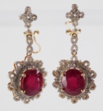 Pair 14K Gold Ruby Diamond Dangle Earrings