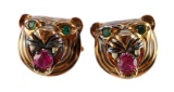 Pair 18K Gold Emerald Ruby Tiger Cufflinks