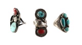 (3) Native American Sterling Turquoise Coral Rings