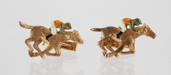 Pair 14K Gold Figural Jockey & Horse Cufflinks