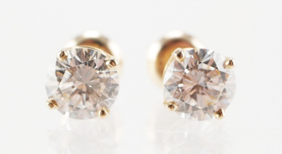 Pair Gold and Diamond Solitaire Earrings 2.15 CTW