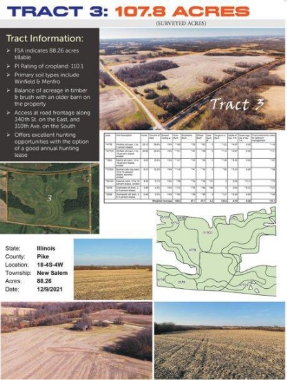 Tract 3: FSA indicates 88.26 acres tillable PI rating of cropland: 110.1 Primary soil types include