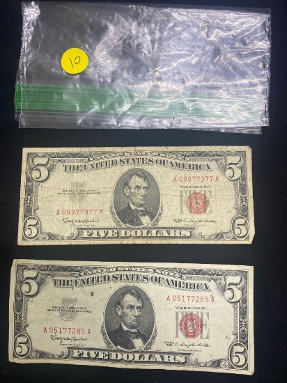 TWO 1963 RED SEAL $5 BILLS (X2)
