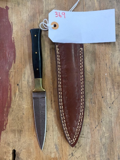 CUSTOM HAND MADE KNIFE DAMASCUS STEEL BLADE WITH CUSTOM LEATHER SHEATH BY TJ BERGERON, MOOREHEAD MN