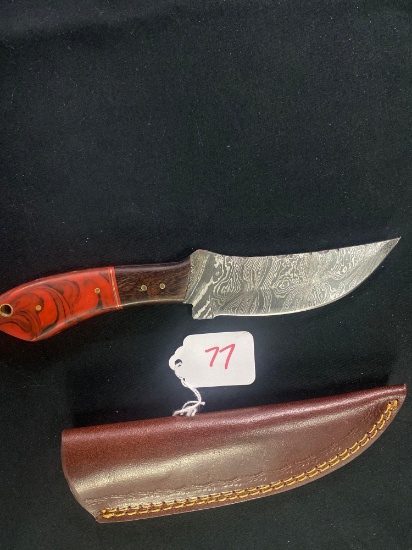 CUSTOM HAND MADE KNIFE DAMASCUS STEEL BLADE WITH CUSTOM LEATHER SHEATH BY TJ BERGERON, MOOREHEAD MN