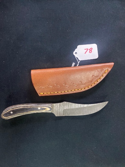 CUSTOM HAND MADE KNIFE DAMASCUS STEEL BLADE WITH CUSTOM LEATHER SHEATH BY TJ BERGERON, MOOREHEAD MN