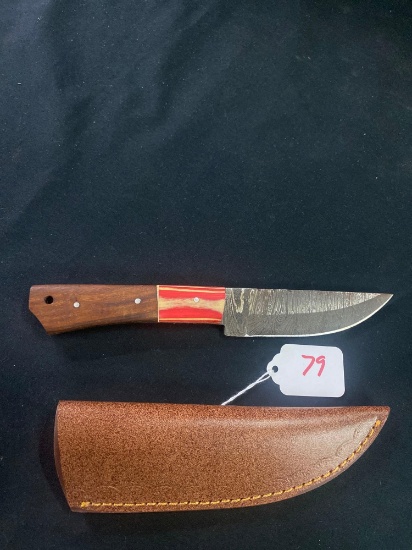 CUSTOM HAND MADE KNIFE DAMASCUS STEEL BLADE WITH CUSTOM LEATHER SHEATH BY TJ BERGERON, MOOREHEAD MN