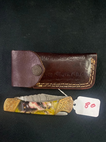 CUSTOM HAND MADE KNIFE DAMASCUS STEEL BLADE WITH CUSTOM LEATHER SHEATH BY TJ BERGERON, MOOREHEAD MN