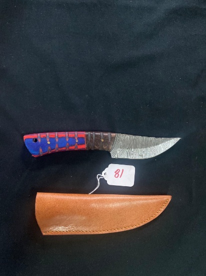 CUSTOM HAND MADE KNIFE DAMASCUS STEEL BLADE WITH CUSTOM LEATHER SHEATH BY TJ BERGERON, MOOREHEAD MN