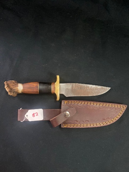 CUSTOM HAND MADE KNIFE DAMASCUS STEEL BLADE WITH CUSTOM LEATHER SHEATH BY TJ BERGERON, MOOREHEAD MN